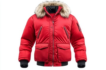Red Jacket with Fur Hood Clipart - Warmth, , winter fashion, outerwear, protection. A classic red bomber jacket with a luxurious fur-trimmed hood symbolizes comfort, resilience, and urban chic