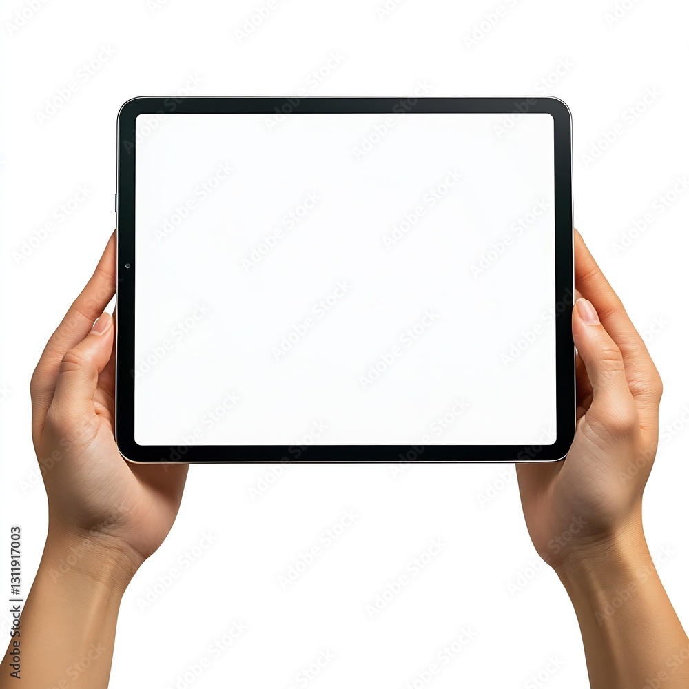 Poster hands holding a blank tablet screen against a white background for mockup use : generative ai