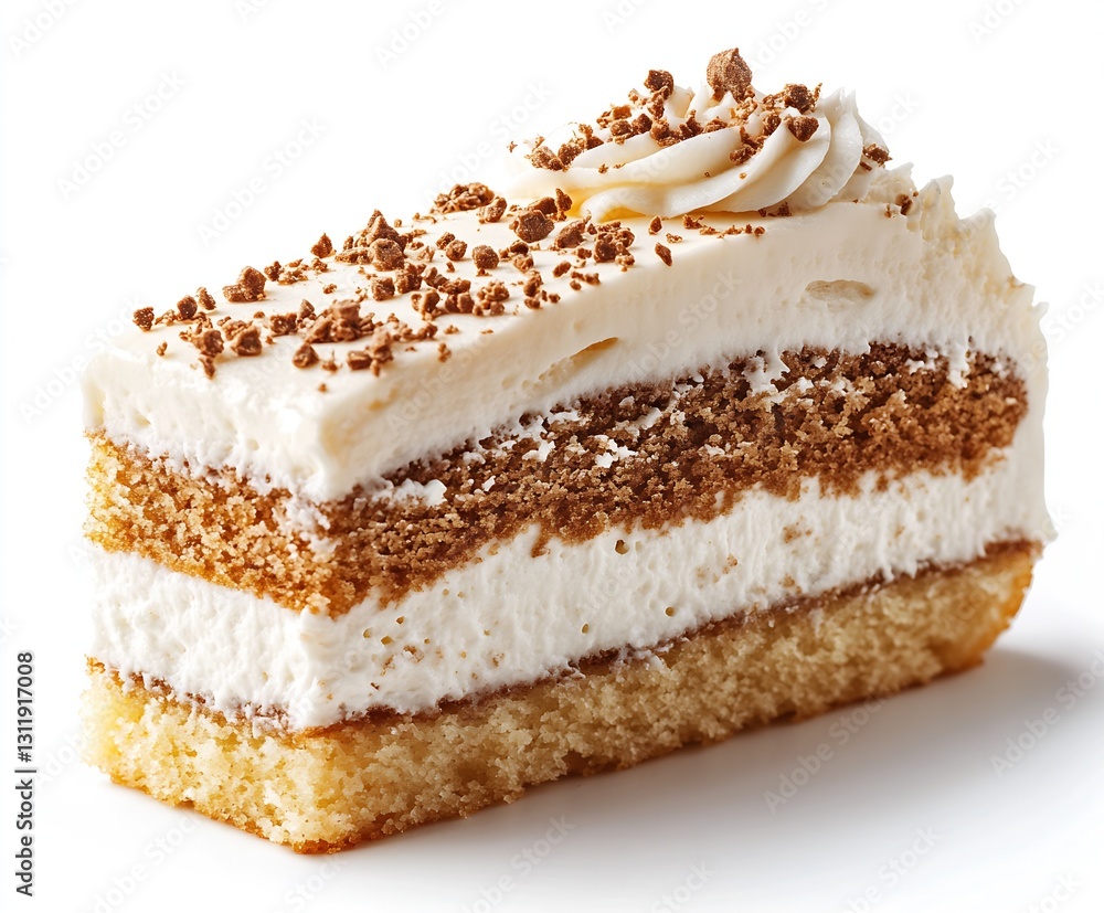 Poster Luscious layered cake slice with light frosting and crunchy topping great for parties and baking enthusiasts : Generative AI