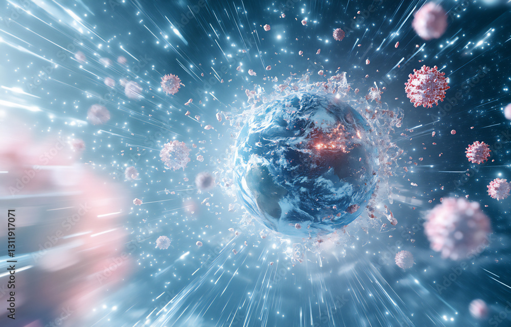 Poster 3d rendering of the earth surrounded by geometric shapes and numerous smal