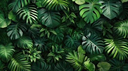 Lush Green Tropical Foliage Background Image of Exotic Monstera and Jungle Plants