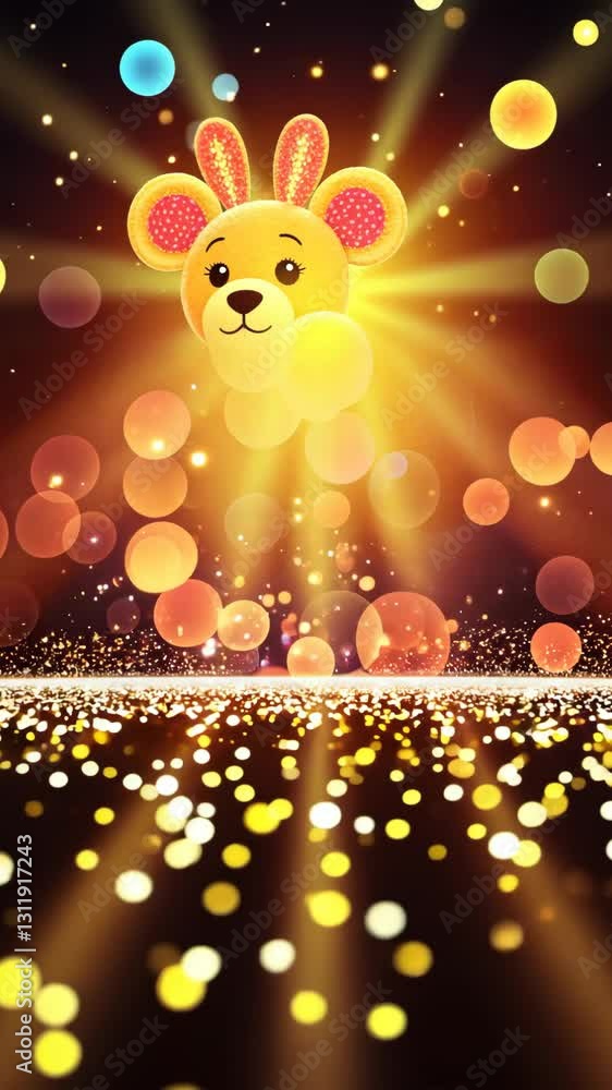 Poster a cartoon rabbit is in the center of a bright light. the light is surrounded by many small circles