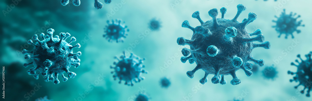 Poster 3d rendering of various realistic blue viruses and bacteria floating in th