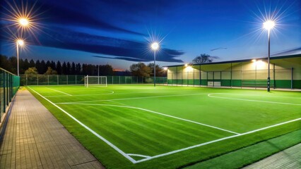 Nighttime illumination of a meticulously maintained synthetic turf sports field, featuring bright floodlights and a modern enclosure