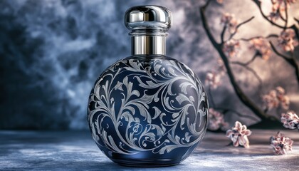 Crystal Perfume Bottle With Iridescent Light Reflection On Marble Table Near Wooden Cabinet