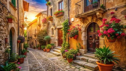 Golden Hour Illumination of a Picturesque, Flower-Laden, Cobblestone Street in an Ancient Village