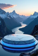 AI Generated Futuristic Glowing Platform with Neon Lights in a Breathtaking Mountain Landscape for Social Media Ads, Product Display, and Digital Marketing
