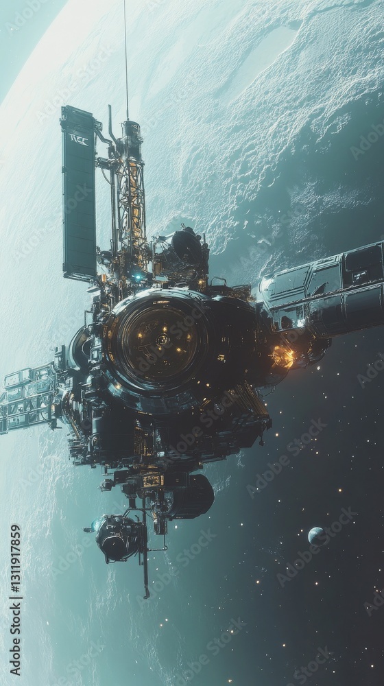 Poster a highly detailed futuristic spacecraft orbits earth, with its intricate mechanical structure illumi