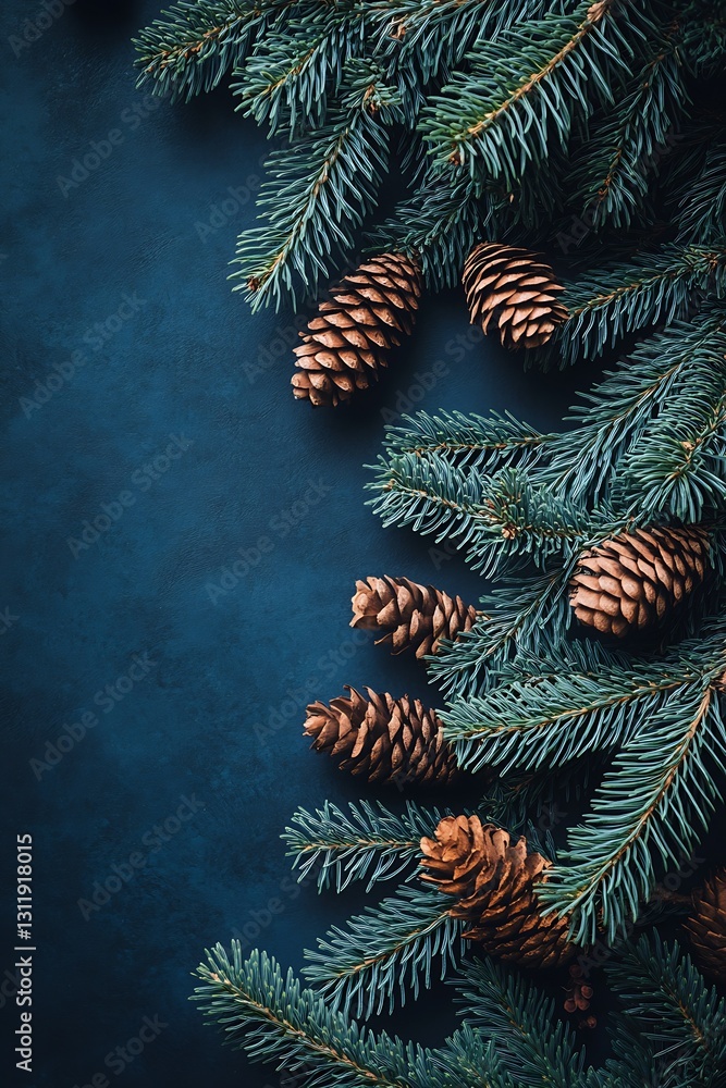 Poster Pine Tree Branch with Pine Cones and Dark Textured Background for Winter or Holiday Theme : Generative AI