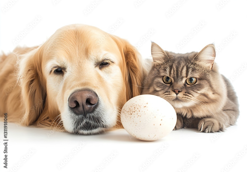 Poster Golden Retriever and Cat Relaxing Together with an Egg on White Background : Generative AI