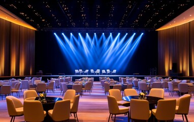 Elegant event space with illuminated stage, round tables, and soft lighting for gatherings