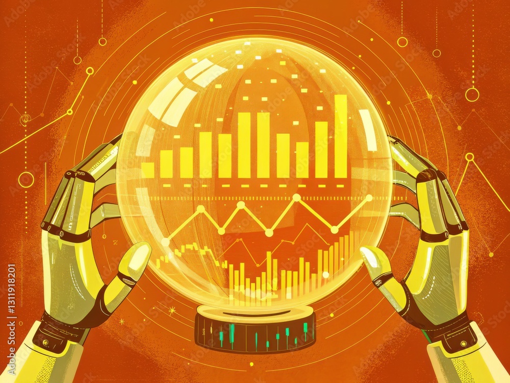 Poster a robotic hand holds a crystal ball displaying data charts, symbolizing technology, analytics, and f