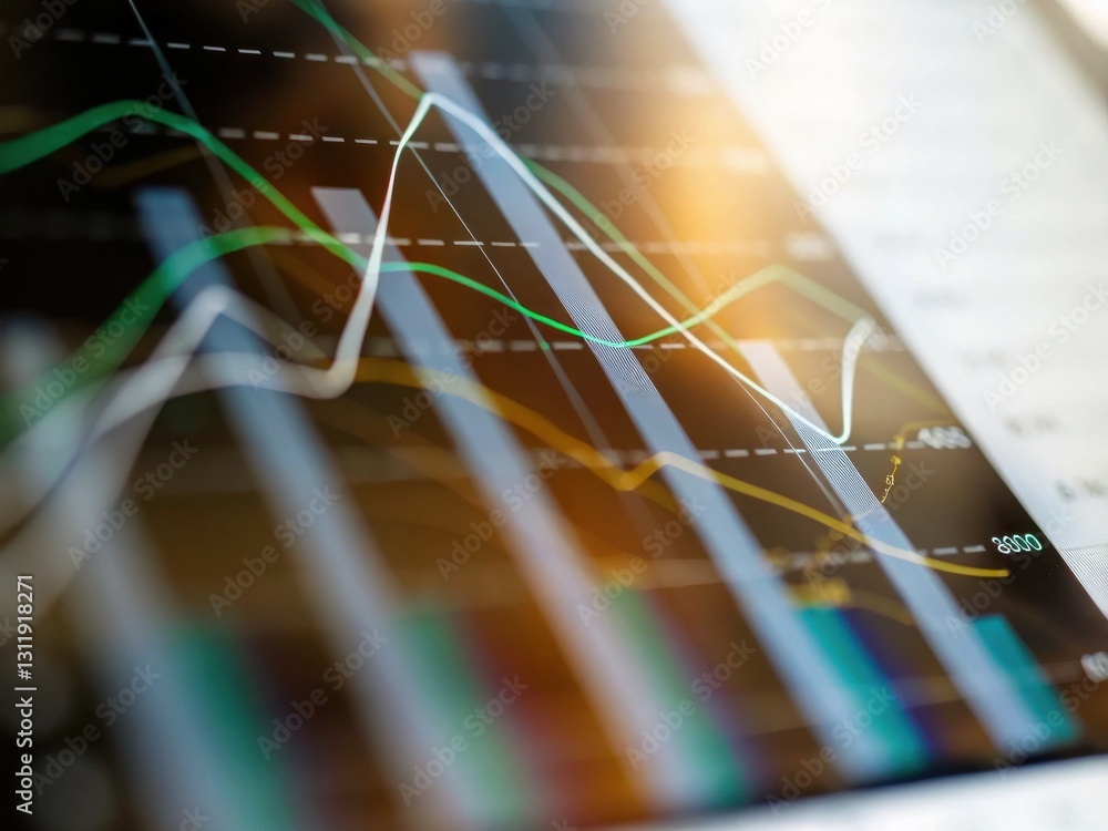 Poster a close-up of a digital financial chart displaying various trend lines and data points, highlighting