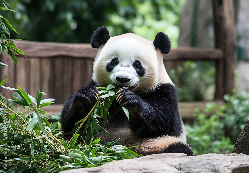 Poster playful panda eating bamboo at the zoo with a gentle smile and charming expression : generative ai