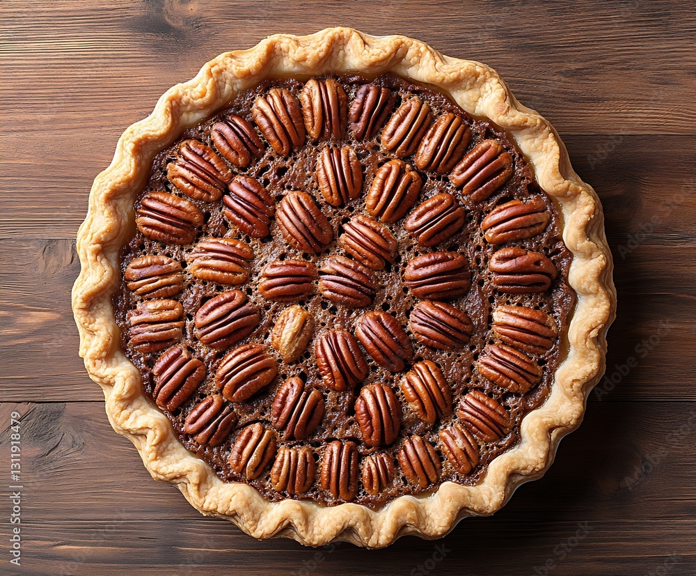 Poster deliciously baked pecan pie featuring a golden crust and perfectly arranged pecans on a wooden backg