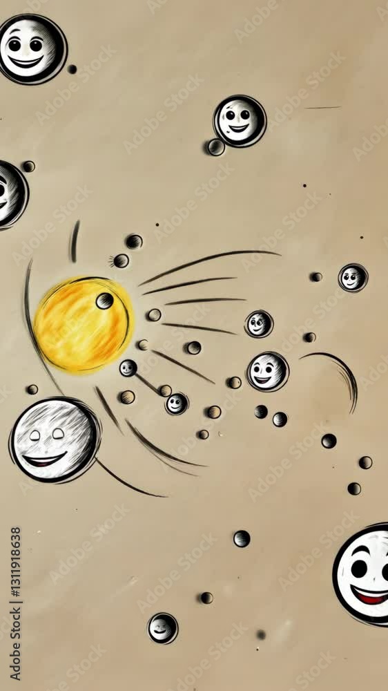 Aufkleber a drawing of a sun with a bunch of small circles around it. the circles are smiling faces
