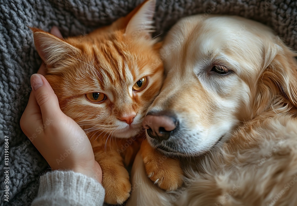 Poster intimate moment of affectionate cat cuddling with loving golden retriever under a soft blanket in wa