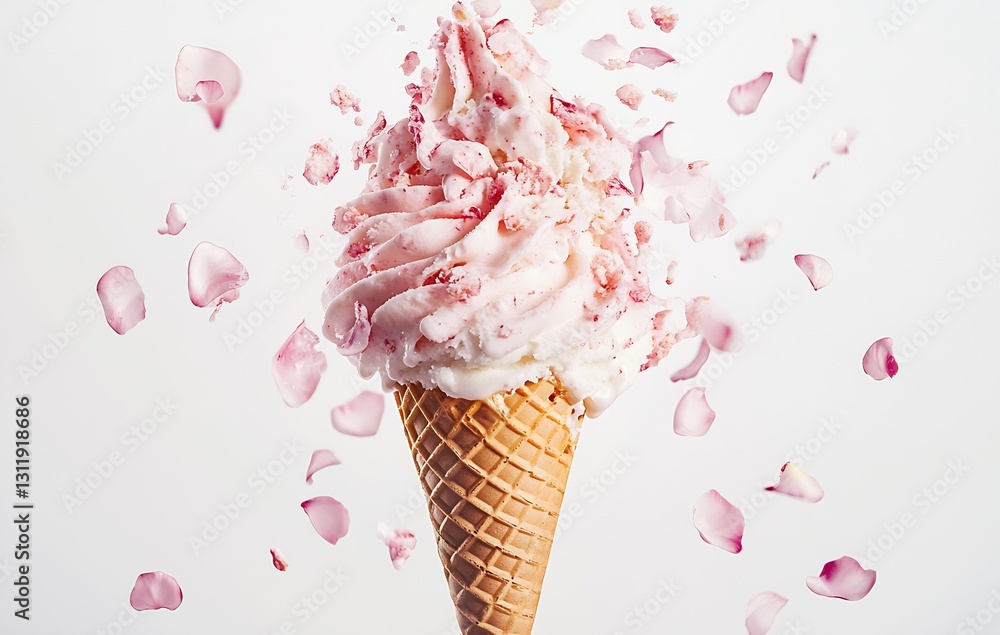 Poster refreshing ice cream cone topped with whipped cream and festive pink petals : generative ai