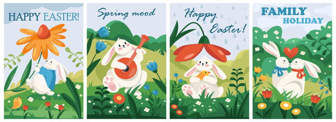 Set of banners with cartoon rabbits for Easter holiday. Vector flyers or greeting card collection. Happy Easter bunnies the symbols of spring fest. Hand drawn invitations, postcard or painted images.