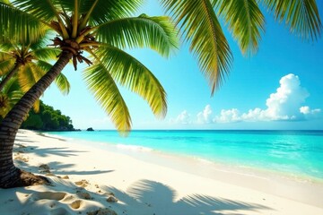 Golden sand, turquoise water, lush palm fronds sway gently , ocean view, sand