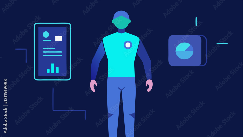 Poster user with device a person standing with a sleek futuristic body scanner device worn on their wrist l
