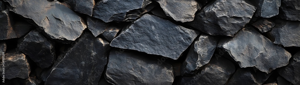 Poster close up shows dark and angular texture of rough stones