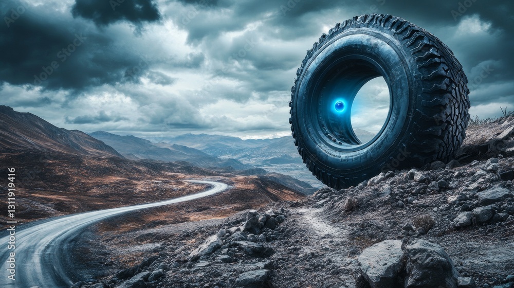 Poster a colossal tire with a glowing blue eye perches on rocky terrain amidst a winding road and brooding 