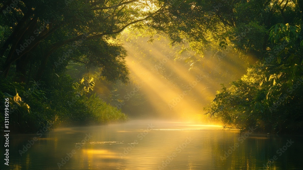 Poster sun rays through trees over river scene creates a mystical atmosphere