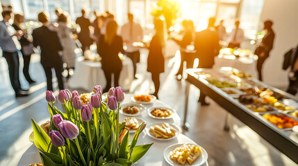 Indoor gathering with people socializing around tables of food and a flower centerpiece, bathed in sunlight. Social Event.