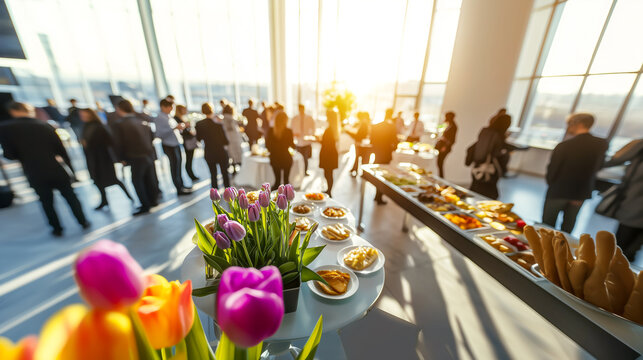 Professional gathering at a sunlit reception with floral centerpieces and refreshments, ideal for networking and socializing.