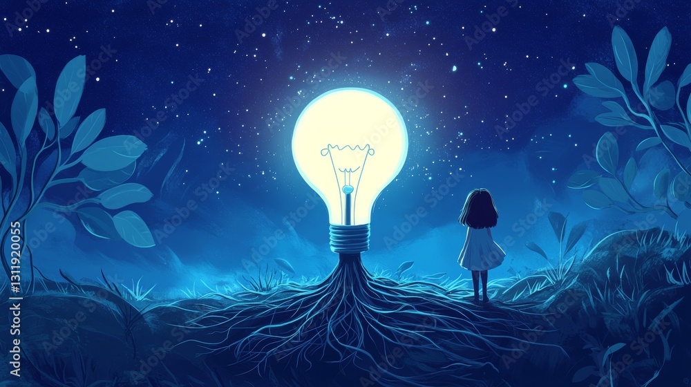 Poster a whimsical and imaginative artwork featuring a glowing light bulb with tree-like roots extending in