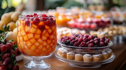 A bright and cheerful display of mixed fruit punch and a variety of sweet treats on a festive table