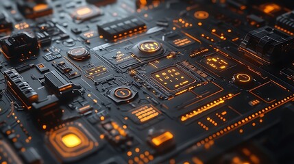 Abstract futuristic technology circuit board with glowing orange components.