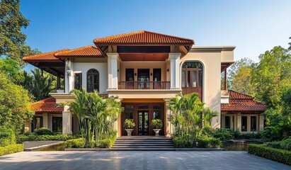 Fototapeta premium Elegant tropical villa with lush gardens and modern architecture