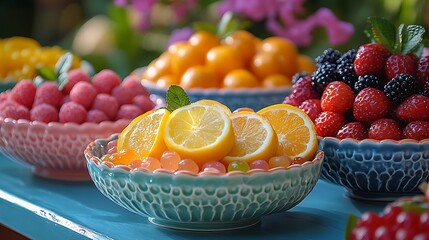 A colorful party table with punch cups pastel candy dishes and a fruit platter centerpiece