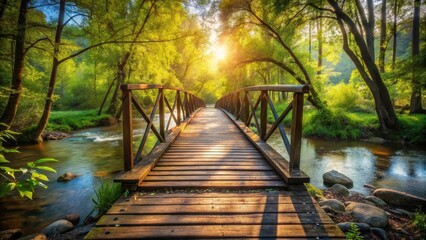Naklejka premium Serene Wooden Footbridge Across a Tranquil Stream, Bathed in Golden Sunlight, Amidst Lush Greenery and Towering Trees