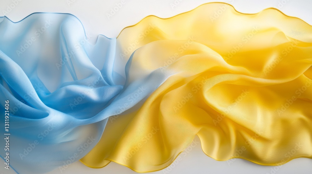 Poster elegant blue and yellow silk fabric draped in flowing waves, creating a soft and colorful abstract t