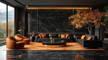Elegant Interior with Marble Accents, Leather Sofas, and Scenic View