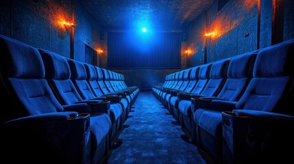 Naklejka premium Empty movie theatre, dark blue seats