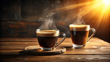 Fototapeta premium Two steaming cups of aromatic coffee rest on a rustic wooden table bathed in warm sunlight. The scene evokes a feeling of calm and comfort.
