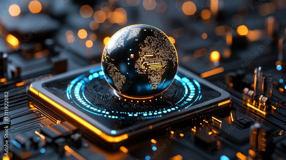 Poster exploring the future of technology digital globe on circuit board futuristic environment 3d render h
