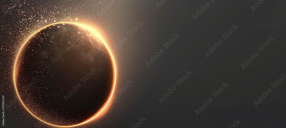 Poster abstract background with a golden ring and light particles on a dark gray backdrop.