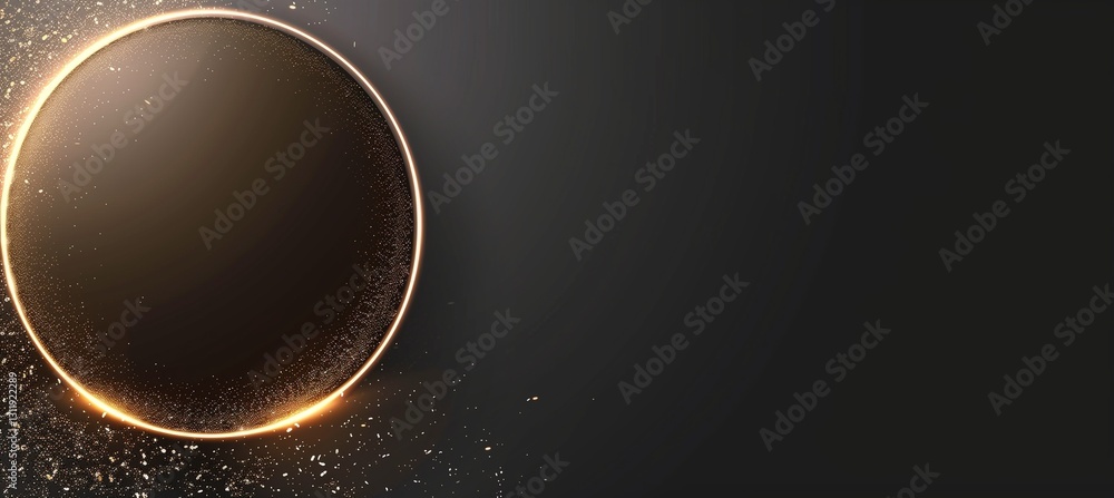 Poster a golden circle on the left side of an empty black background, with glitter effects and sparkles aro