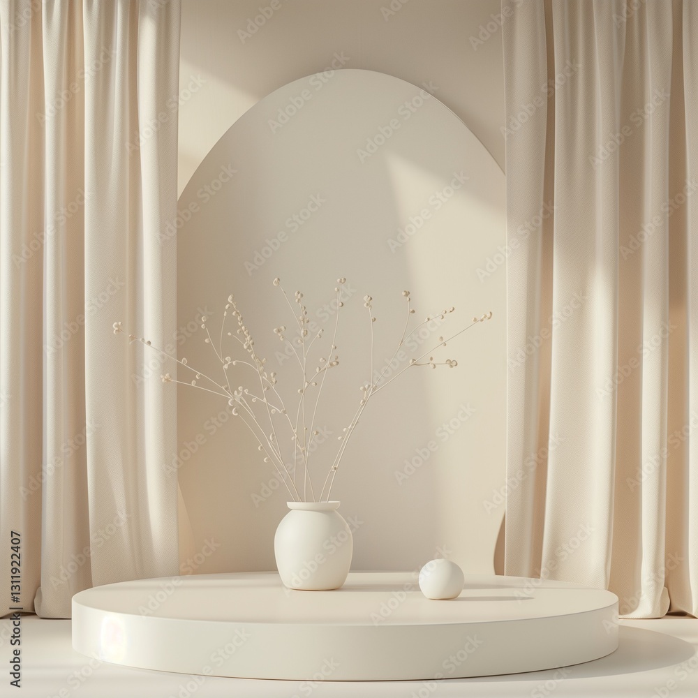 Aufkleber a minimalist stage design style background with an empty circular podium and a vase on the left, fea