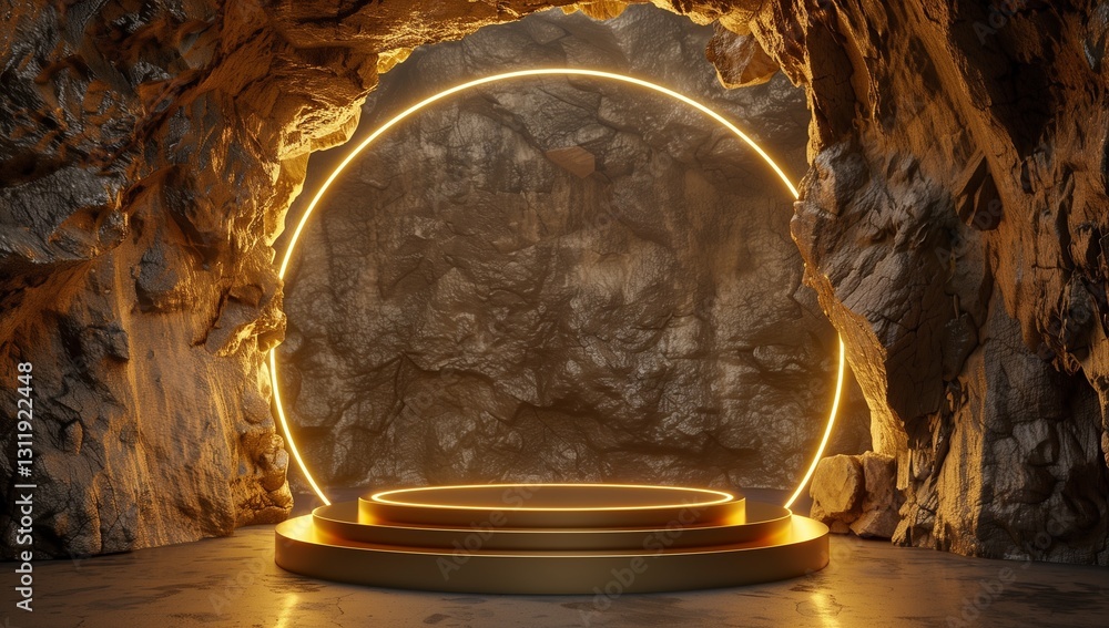 Poster a golden circular podium surrounded by an led light ring stands in front of the entrance to a cave, 