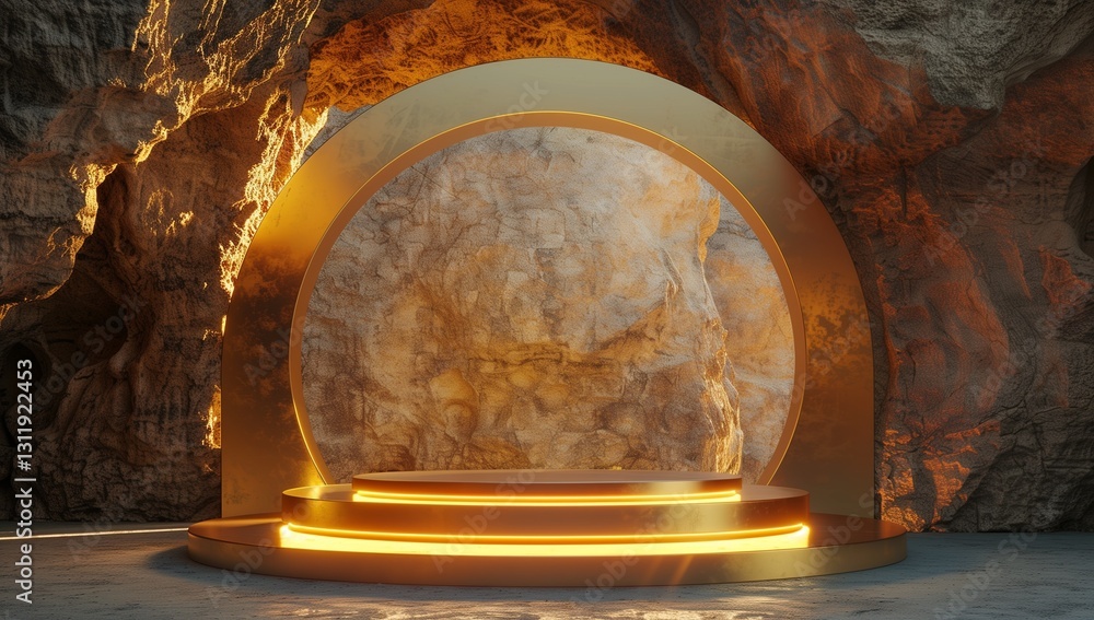 Poster a golden circular podium with warm lighting stands in front of the cave wall, creating an atmospheri