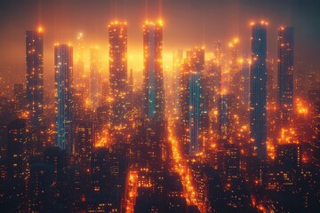 Fototapeta premium Discover a captivating scene of a futuristic cyber city at night with glowing skyscrapers and futuristic transport vehicles like cars and buses.