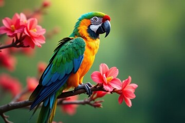 Vibrant parrot on flowering branch, soft focus background, colorful, nature photography