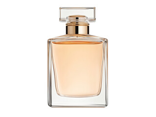 PNG cut out isolated background. A luxurious perfume bottle with a golden cap, featuring a transparent glass design filled with amber-colored liquid.