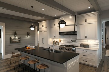 3d rendering of farmhouse kitchen with white cabinets, black quartz countertop and shiplap walls.